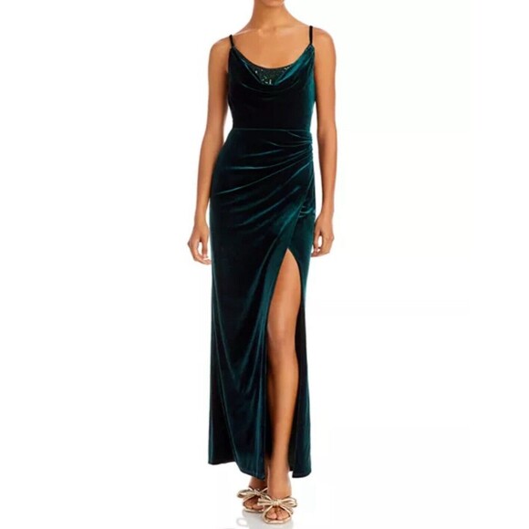 BCBGMAXAZRIA Dresses & Skirts - BCBGMAXAZRIA Cowl Sequin Green Velvet Front Slit Evening Gown Dress SZ S $398